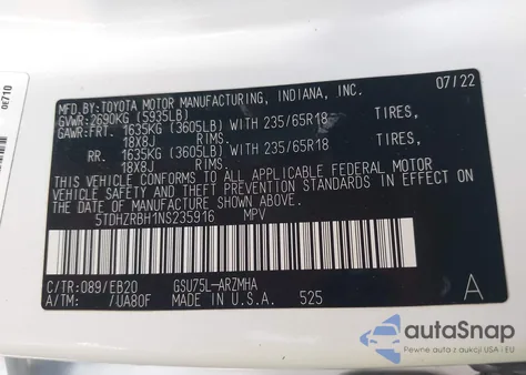 2022 Toyota Highlander Xle z USA, uszkodzony, nr VIN 5TDHZRBH1NS235916